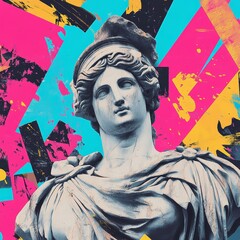 A colorful, graffiti-adorned antique statue bust set against a light background embodies the essence of street style, contemporary art collage, and postmodern creativity