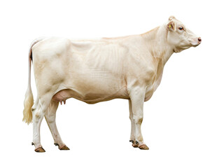 A full body side view portrait of a Simmental cow standing on a white background.