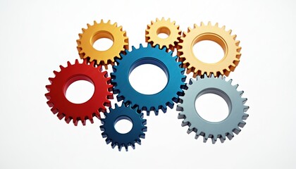 Interlocking cogwheels of red, golden, blue, grey colors on white background. Mechanism teamwork, collaboration, business processes. Represents business workflow automation, connection, efficiency,