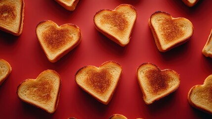 Heart shaped toasted bread slices arranged artfully on a red surface