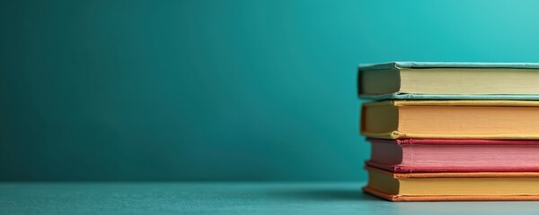 Fototapeta premium Stack of colorful hardcover books on teal background. Collection of vibrant books for education, study. Reading, library, learning, wisdom, knowledge, classic literature. Text, spine, cover close-up,