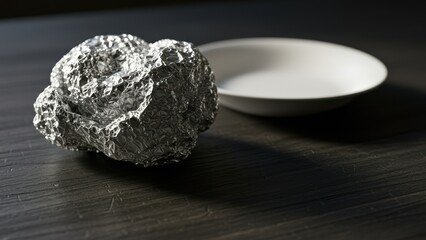 Fototapeta premium Crumpled aluminum foil on a dark wooden surface next to a white plate, embodying modern art and minimalist design Concepts include creativity and everyday objects