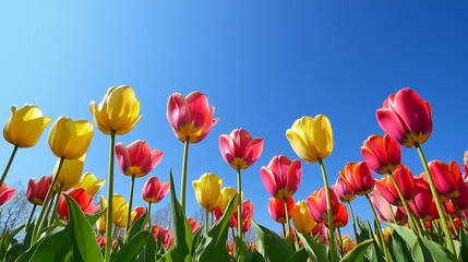 Fototapeta premium Vibrant tulip field under a clear blue sky, showcasing colorful blooms in a serene garden setting