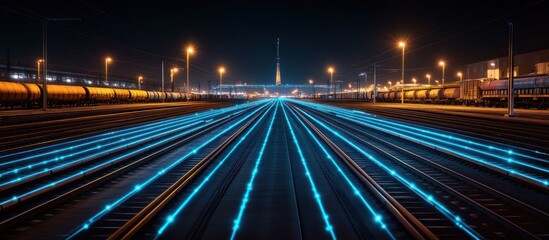 Fototapeta premium Glowing blue lines of light on railway tracks at night