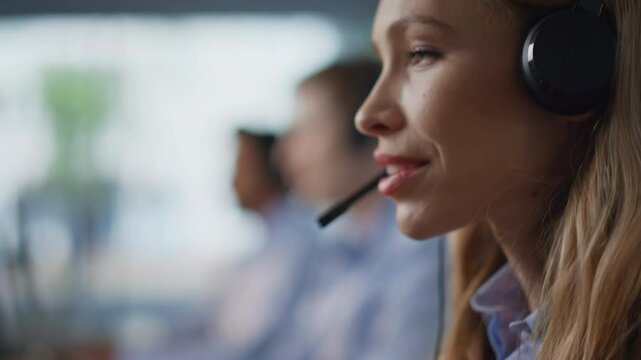 Telesales worker typing computer taking online order in office space closeup. 