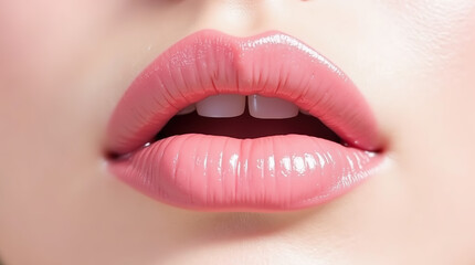 Obraz premium A close-up of soft pink lips with a glossy finish, accentuating their natural beauty and elegance.