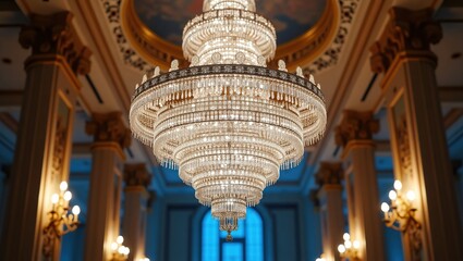 A towering crystal chandelier graces the opera hall, its beauty enhancing the luxurious atmosphere of the grand space.