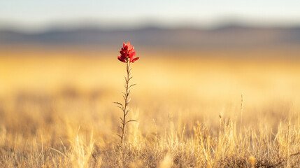 A solitary red flower stands tall in a vast golden field under a clear sky, symbolizing resilience