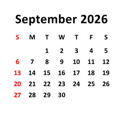 September 2026. Calendar with holydays or red dates. monthly calendar design with week starts on sunday. printable, simple, and clean vector design isolated on white background.