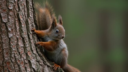 Red squirrel climbing a tree in a forest Close up view showcasing brown fur and curious expression Highlights nature and wildlife conservation