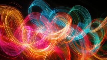 Obraz premium Colorful light trails create abstract, swirling patterns on a black background. Use as a background for graphics, to express energy, or add visual interest.