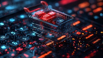 Online shopping cart filled with cryptocurrencies on keyboard