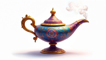 Aladdins magic lamp on white background. Arabian nights fantasy illustration of genie lamp with smoke. Decorative visual design with golden handle, arabesque ornament, for wishes, story concepts.