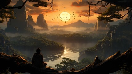 A person meditating at sunrise in Bali, Indonesia
