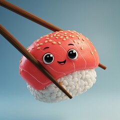 Adorable Living Tuna Sushi with Big Eyes Held by Chopsticks &ndash; Cute Kawaii Food Illustration