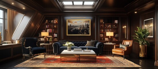 A luxurious living room featuring elegant furniture and rich wood paneling