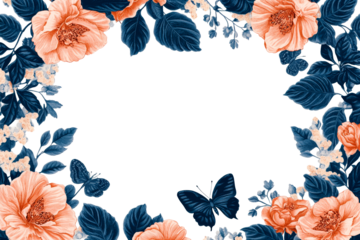 Floral border with butterflies in blue and peach tones
