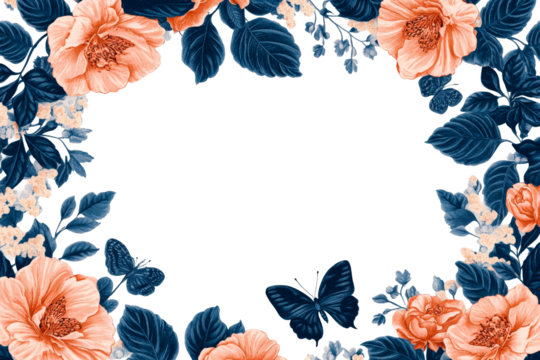 Floral border with butterflies in blue and peach tones