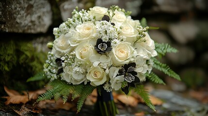 Elegant White and Black Wedding Bouquet, Stone Wall Background