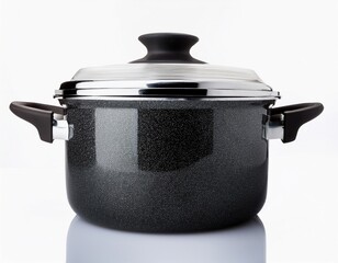 Black granite cooking pot with glass lid and black handles on white background