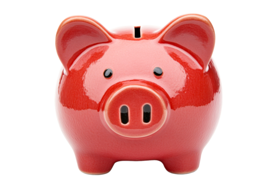 Bright red piggy bank on a transparent background for savings