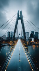 Fototapeta premium Modern Suspension Bridge Over Water Connecting City Buildings and Lights