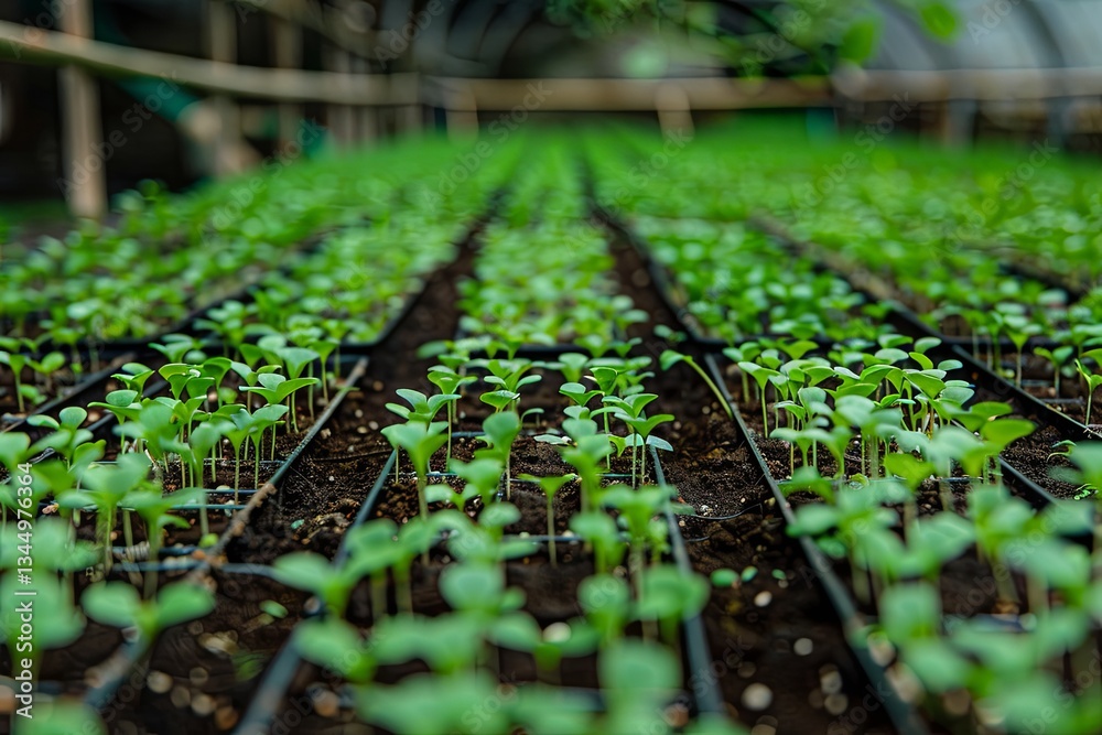 Aufkleber Rows of thriving microgreens nurtured under efficient drip irrigation in a well-maintained greenhouse environment Generative AI