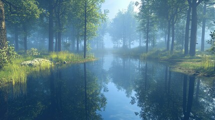 Fototapeta premium Tranquil Forest Scene with Misty Water Reflection and Lush Green Trees in a Serene Natural Setting
