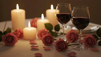 Red wine in glasses with pink roses and candles create a romantic ambiance for couples during a candlelight dinner on a table Perfect for special occasions