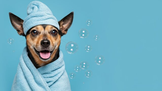 Happy Chihuahua mix dog wrapped in a blue towel with bubbles around Pet grooming at home evokes joy and playfulness