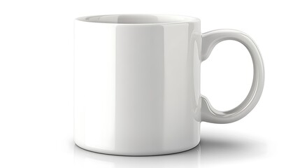 A white ceramic coffee mug with a curved handle displayed clearly