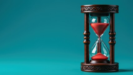 Hourglass with red sand and wooden frame sits against aquamarine background Represents time management, vintage decor, and life lessons