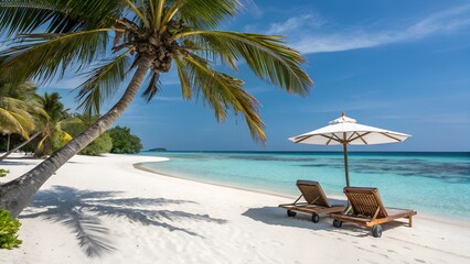 Idyllic Tropical Island Escape: Sunbeds, Palm Tree Umbrella, and Tranquil Sea Views