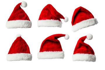 Red Christmas hats with white trim on a transparent bg
