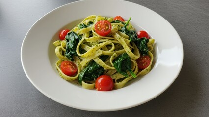 Fettuccine pasta with spinach and cherry tomatoes served on a plate Fresh ingredients emphasize healthy meal concepts and Italian cuisine