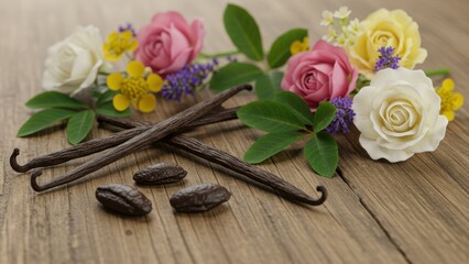 Fototapeta premium Vanilla beans and cocoa beans with colorful flowers on rustic wood Elements suitable for culinary and decorative themes, evoking nature and sustainability