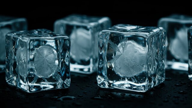 Close up of multiple ice cubes with water droplets on them against a dark background Ideal for beverage imagery, summer cocktails, and entertaining themes