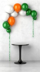 Colorful balloons arch over a modern black and white table