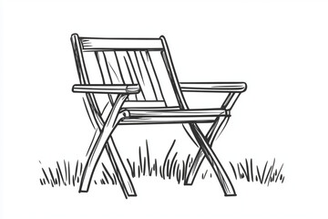 A sketch of a folding chair on grass against white