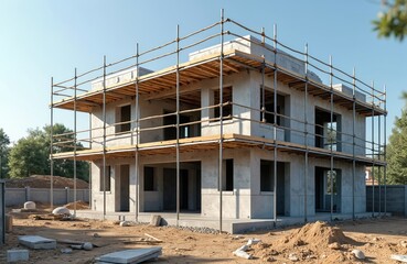Modern house construction with scaffolding. Concrete unfinished building, empty windows. Blue sky. House construction site with building material. Real estate investment. Housing project. Develop,