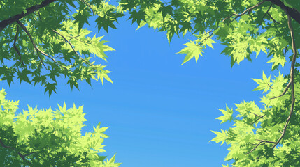 Obraz premium Clear Blue Sky Framed by Vibrant Green Maple Tree Branches, Leaving Wide Open Space for Text or Design