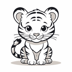 Cute cartoon tiger cub sitting sweetly against white background
