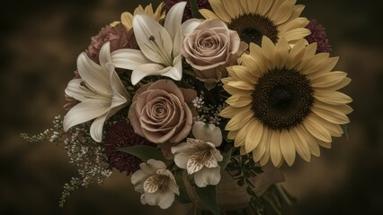 Bouquet features roses, sunflowers, and lilies arranged in rustic style Suitable for weddings, celebrations, or decorative purposes