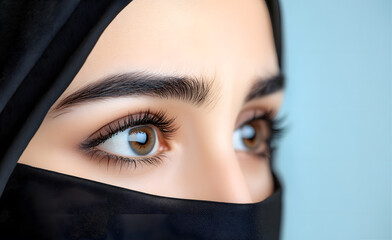 Concept of cultural identity, human emotions, personal stories, Ashura celebrations, traditions and religion,brown eyes of Muslim woman in black hijab with deep close-up look
