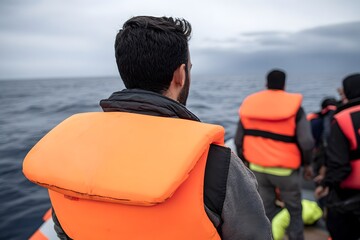 Fototapeta premium Sea migration unfolds under gray sky as safety becomes pressing theme, safety resonates in each life jacket, safety underscores global message of urgent humanitarian focus worldwide