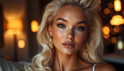 Fototapeta premium Who is decorating whom? Very effective, young, beautiful and stylish blonde close-up with original gold earrings in delicate ears