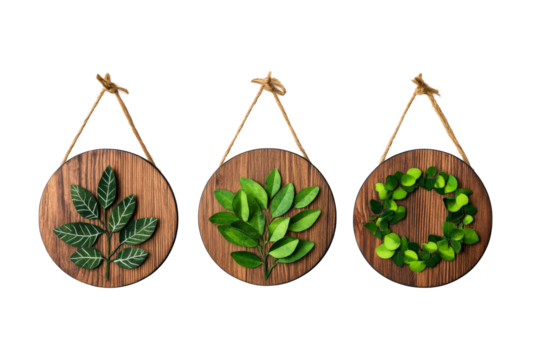 Wooden wall hangings with harmoniously arranged green leaves