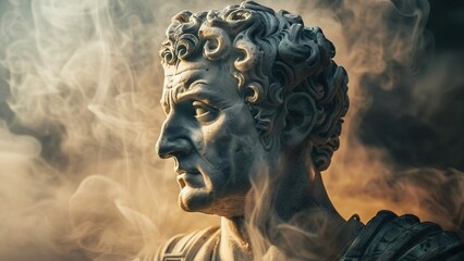 Roman bust, smoke background, history, art, conceptual