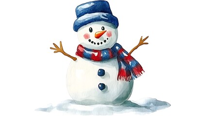 Watercolor illustration of a happy snowman wearing a hat and scarf