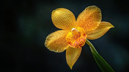 Fototapeta premium A yellow flower with spots on its petals and a green stem against a black background